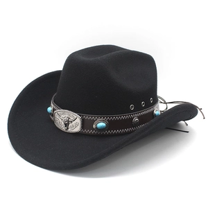 Western Cowboy Hat Woolen Felt Wide Brim Bull Head Buckle Leather Band Turquoise Ethnic Style Unisex Adjustable