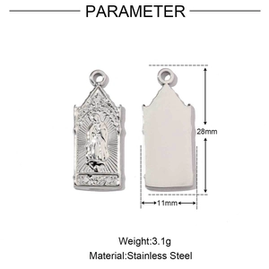 Detailed specs of stainless steel religious pendant with dimensions and weight data