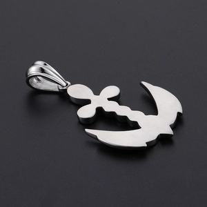Polished silver anchor pendant necklace with a cross design on a black background