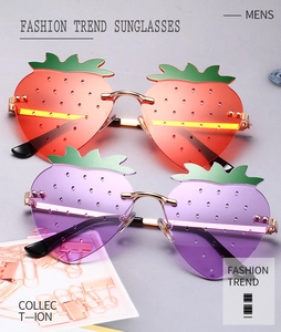 Detailed close-up of novelty strawberry rimless sunglasses in red and purple acrylic