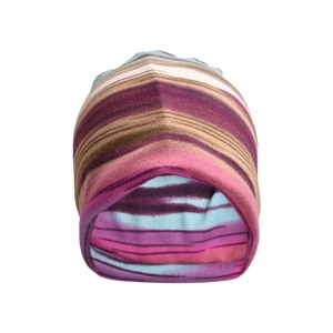 Close-up of the detailed knit texture and multi-colored striped pattern on the beanie