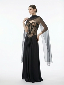 Elegant black lace evening gown with corset bodice and sheer mesh shawl for formal events