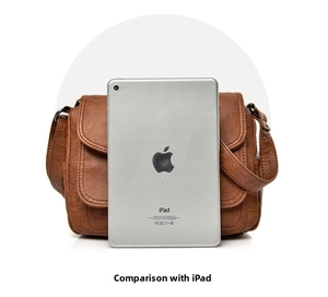 Close-up of vintage brown leather handbag next to an iPad to demonstrate the actual size