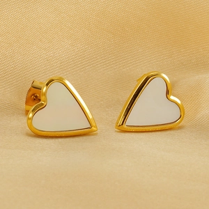 French style heart stud earrings in polished gold with white enamel mother-of-pearl inlay