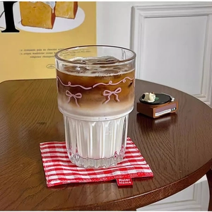 Glass Cup Pink Bow Ribbon Print Ins Style Vertical Striped Drinkware For Cold Brew Coffee Milk Juice