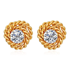 Vintage 18K gold plated stainless steel rose stud earrings with brilliant zircon stone
