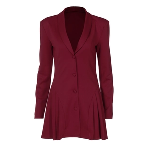 Deep V-neck burgundy blazer dress with ruffled hem and single-breasted detail