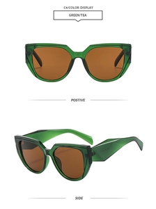 Detail view of green transparent square sunglasses with tea lenses and sturdy frames