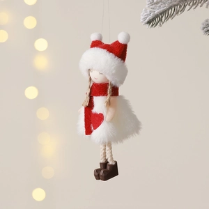Plush Christmas angel doll hanging ornament in classic red and white knitted outfit