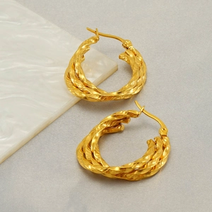 French vintage style gold spiral twisted hoop earrings in polished stainless steel