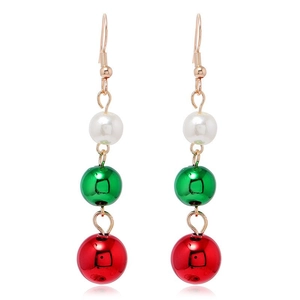 Detail of festive Christmas earrings with white faux pearl, green and red metallic spheres