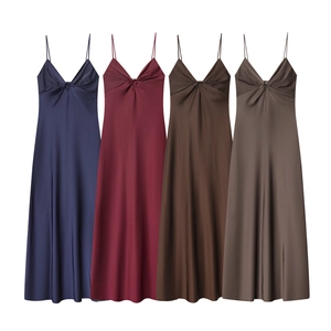 Robe Maxi Femme Satin Polyester Col V Bretelles Spaghetti Nouée Élégante Longue Soirée Fête