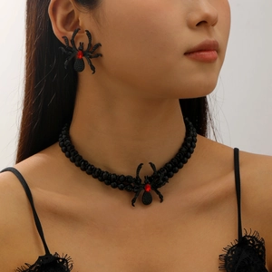 Detailed view of Gothic black spider jewelry set with sparkling red rhinestone eyes