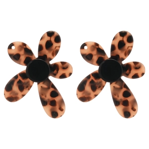 Floral tortoiseshell acetate earrings with leopard print petals and black center studs