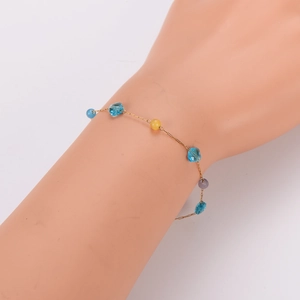 Gold beaded flower chain bracelet with blue, yellow and purple crystal beads for women
