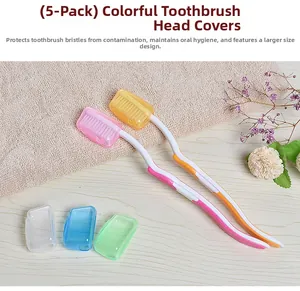 Close-up of five colorful plastic toothbrush head covers for travel hygiene protection