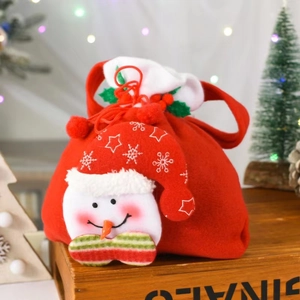 Detailed close-up of a red Christmas gift bag with a 3D snowman and drawstring handle