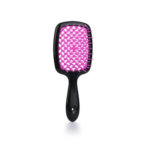Pink and black ergonomic hollow grid hairbrush for wet or dry detangling and styling