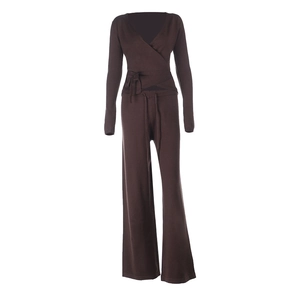 Women's 2-piece deep brown knit set with V-neck long sleeve wrap top and wide leg pants