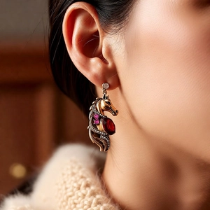 Detail of vintage gold horse head earring with ruby red stone and crystal accents
