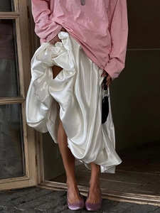 Women Satin Midi Skirt High Waist Solid Color Glossy Elegant French Style A-Line Bubble Hem Bottoms Chic Streetwear