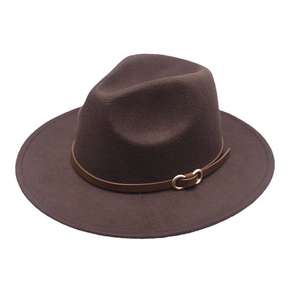 Cappello fedora in lana marrone a tesa larga con fascia in pelle e fibbia dorata classica