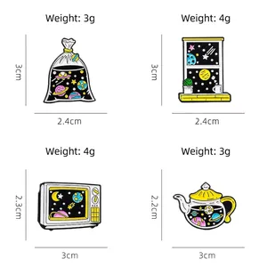Starry universe enamel pin set featuring teapot and microwave designs with weight data