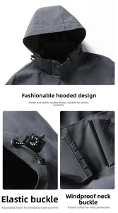 Detail of waterproof hooded jacket with adjustable elastic toggles and windproof collar