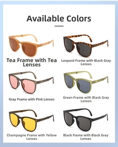 Detail view of foldable sunglasses in six colors including leopard and champagne