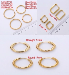 Minimalist gold hoop earrings in round, square, and hexagon shapes for women