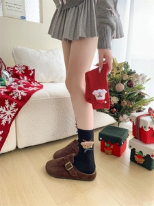 Detail of festive Christmas socks featuring 3D Santa and Reindeer on knitted mid-calf cotton