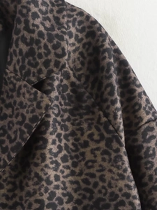 Macro detail of French style leopard print coat featuring thick wool blend fabric collar