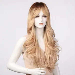 Long ombre blonde synthetic wavy wig with bangs for women shown on a white background
