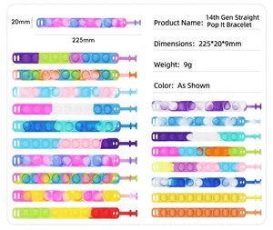 Detailed size specifications and rainbow colors of the pop-it fidget bracelet
