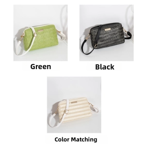 Detailed weave texture of woven straw crossbody bags in green, black, and striped colors