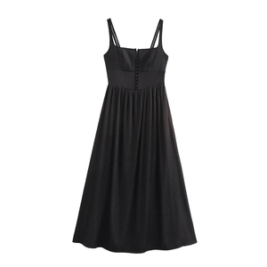 Damen Maxi Kleid In Denim Optik Ärmellos Eckiger Ausschnitt Knopfleiste Hohe Taille Plissee Korsett Stil Langes Kleid