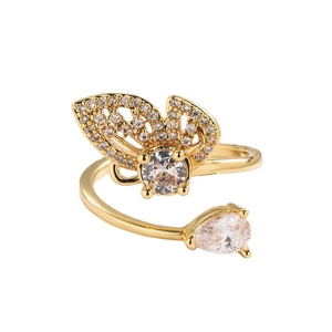Elegant gold butterfly adjustable open ring featuring crystal zircon stones on white background