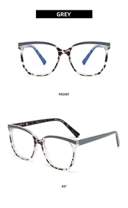 Front and side view of grey cat-eye anti-blue light glasses frames with tortoise accents