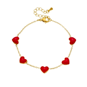 Elegant gold-plated chain bracelet with five vibrant red enamel heart pendants for daily wear
