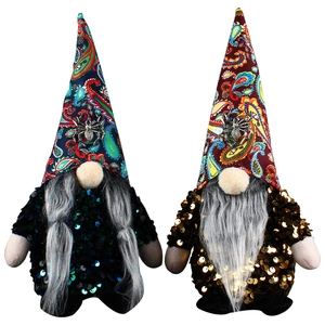 Halloween faceless gnome dolls with sequins and paisley hats featuring spider charms