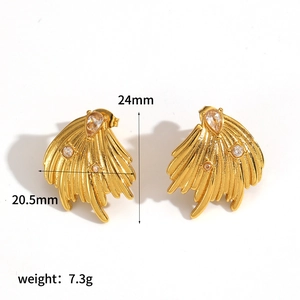 18k gold plated stainless steel fan earrings with rhinestones and leaf texture