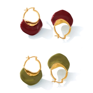 French vintage titanium steel drop oil earrings in burgundy and olive green with gold finish