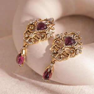 Macro detail of vintage baroque heart earrings with rhinestones and ruby red resin drops