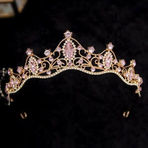 Baroque gold bridal crown with pink crystals and white rhinestones for party and wedding