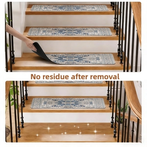 Detail showing the residue-free removal of non-slip blue Persian stair tread mats