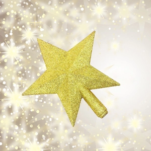 Close-up of golden glitter star tree topper with bokeh lights background for Christmas tree