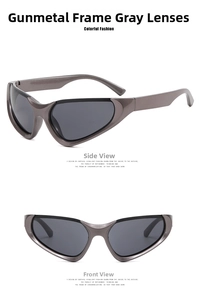 Front and side views of Y2K wraparound sports sunglasses with gunmetal frames and grey lenses