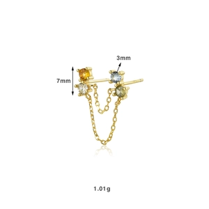 Detail of S925 silver double stud earrings with colorful stones and chain length 7mm