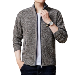 Men's dark brown knit cardigan with zipper collar and fine blended texture in main view