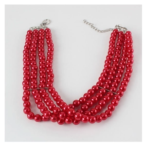 Elegant five-layer red faux pearl choker necklace with silver-tone lobster clasp